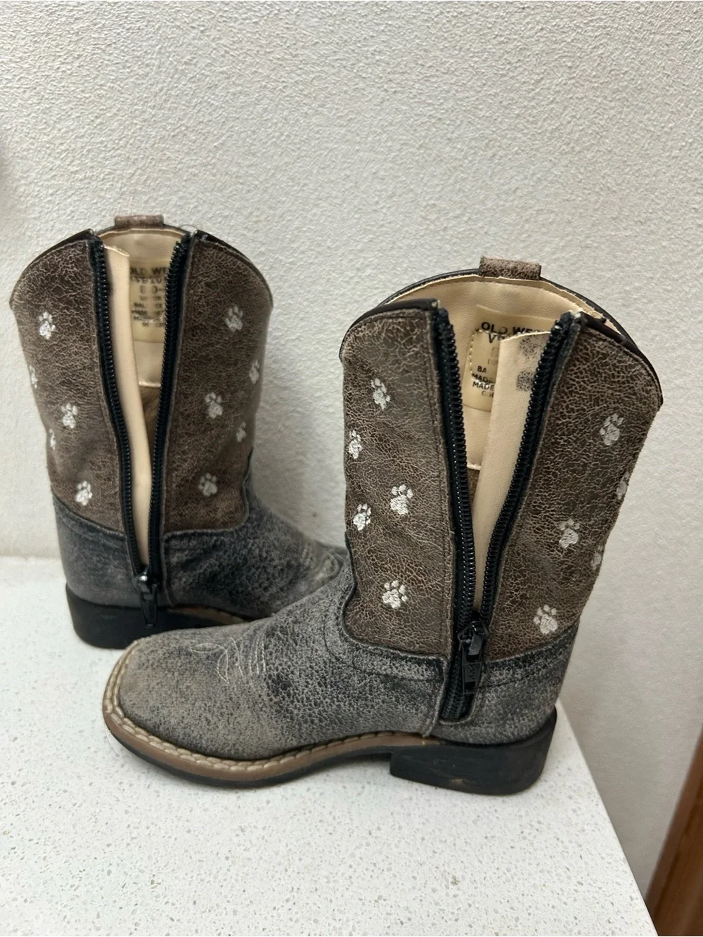 Kids Brown Paw-Print Cowboy Boots